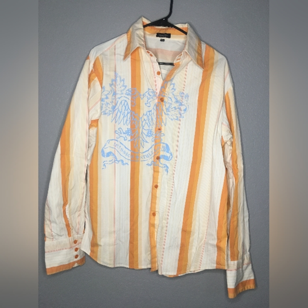 Men's Orange Striped Shirt with Blue Design
